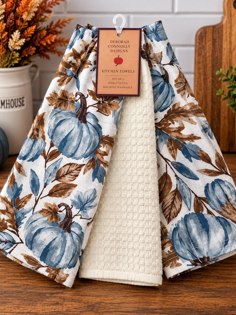Blue & Cream Pumpkin Kitchen Towel Set